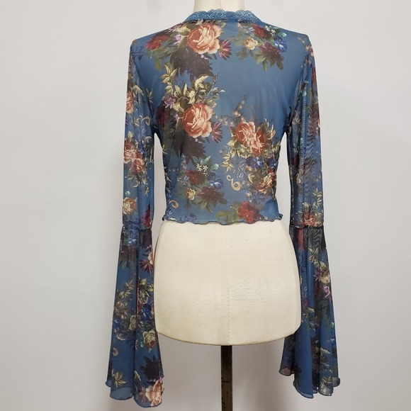 SHEIN Womens Fairy Festival Floral Mesh Bell Sleeve Top Size M Blue Romantic - Picture 2 of 12